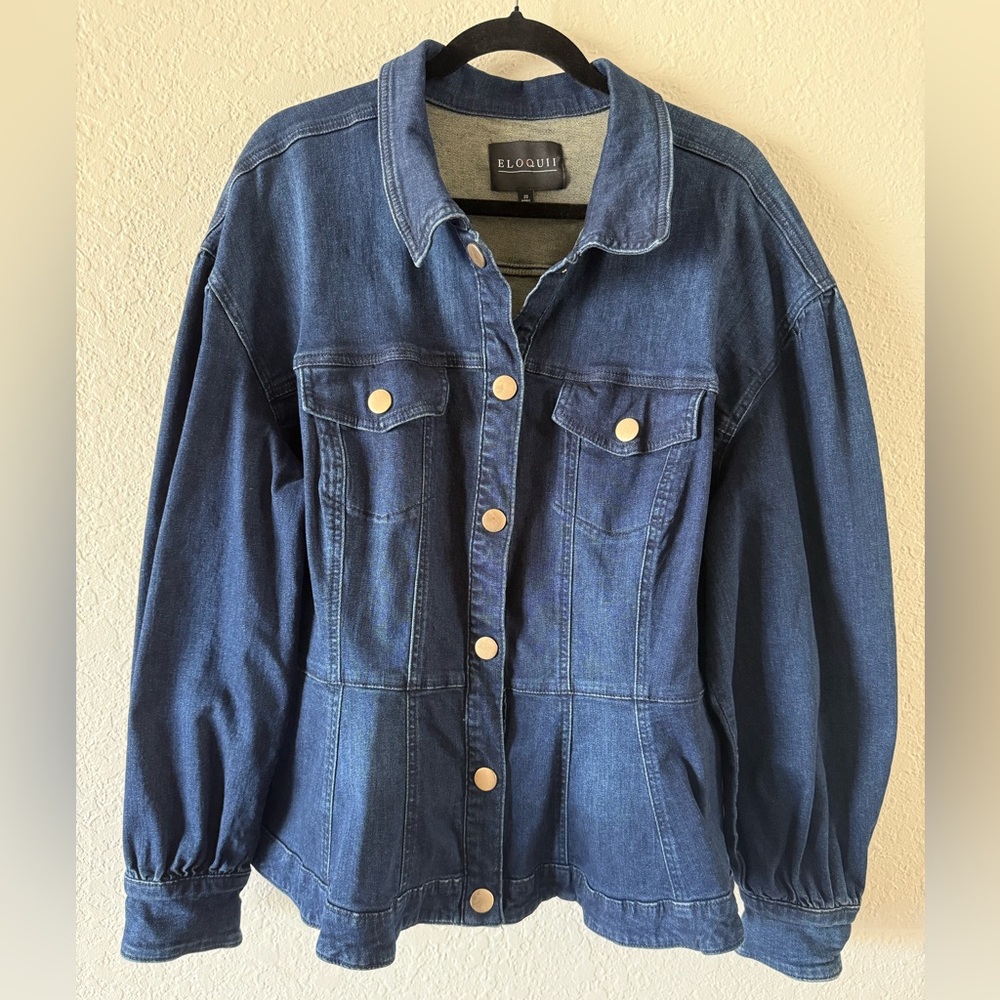Eloquii Dark Wash Blue Stretch Denim Peplum Jean Jacket Women’s 20 Snap Front